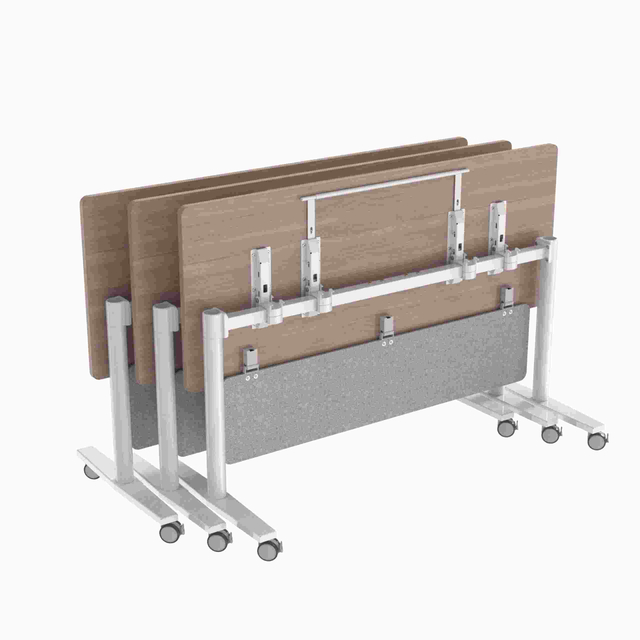 Moderne opklaptafel met ronde poten en verlengde balken voor gebruik op school